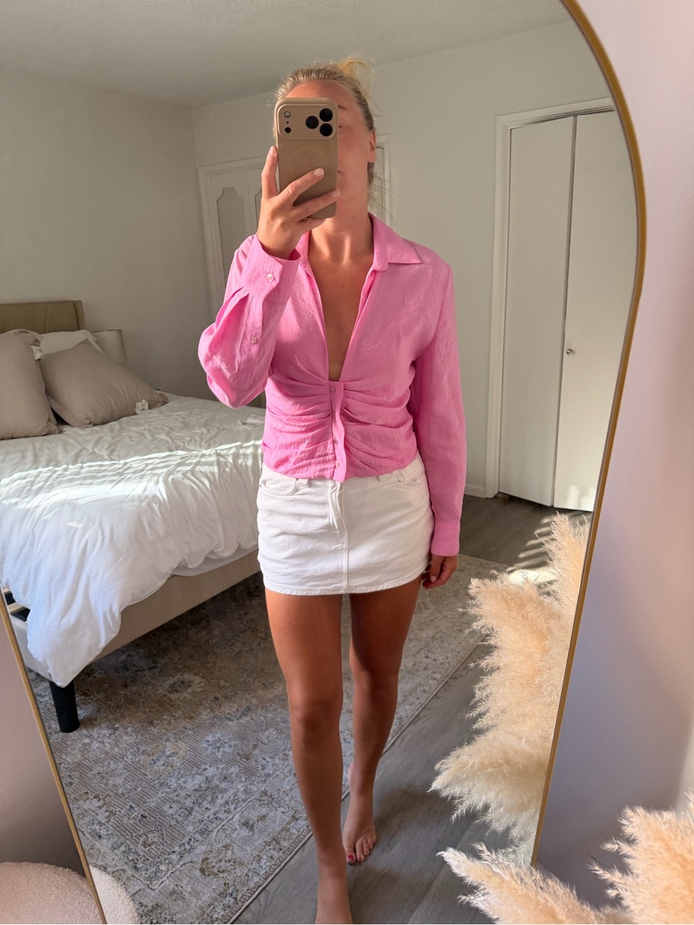 Zara Pink Ruched Button-Front Mini Skirt Outfit